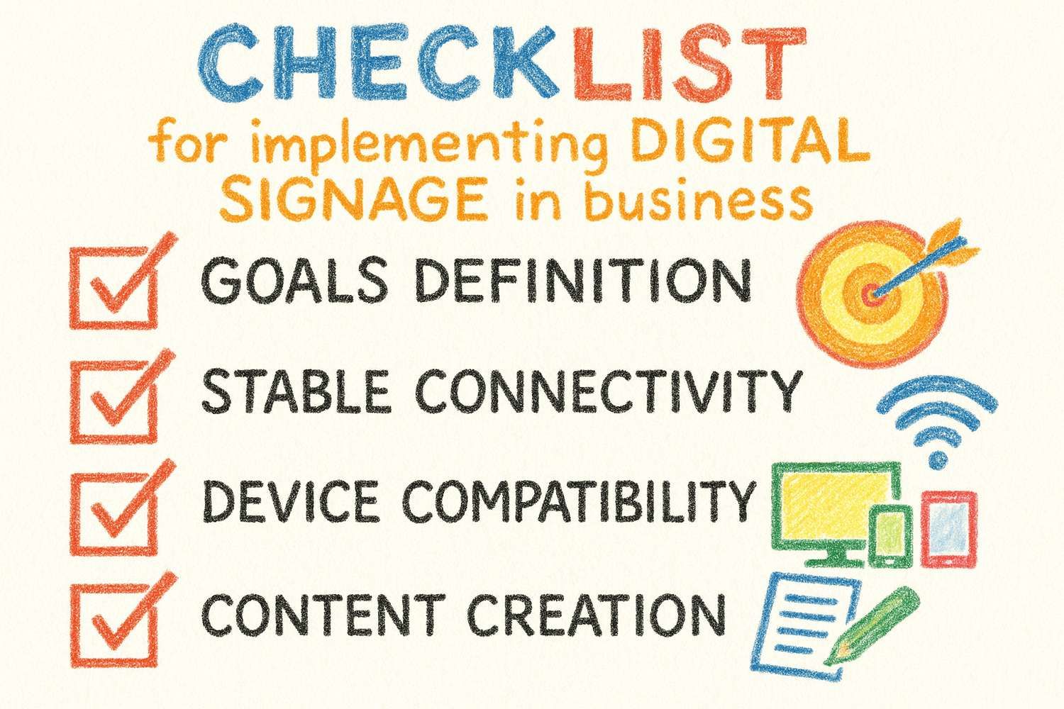 crayon-style hand-drawn checklist infographic for digital signage implementation: goals, connectivity, compatibility, content