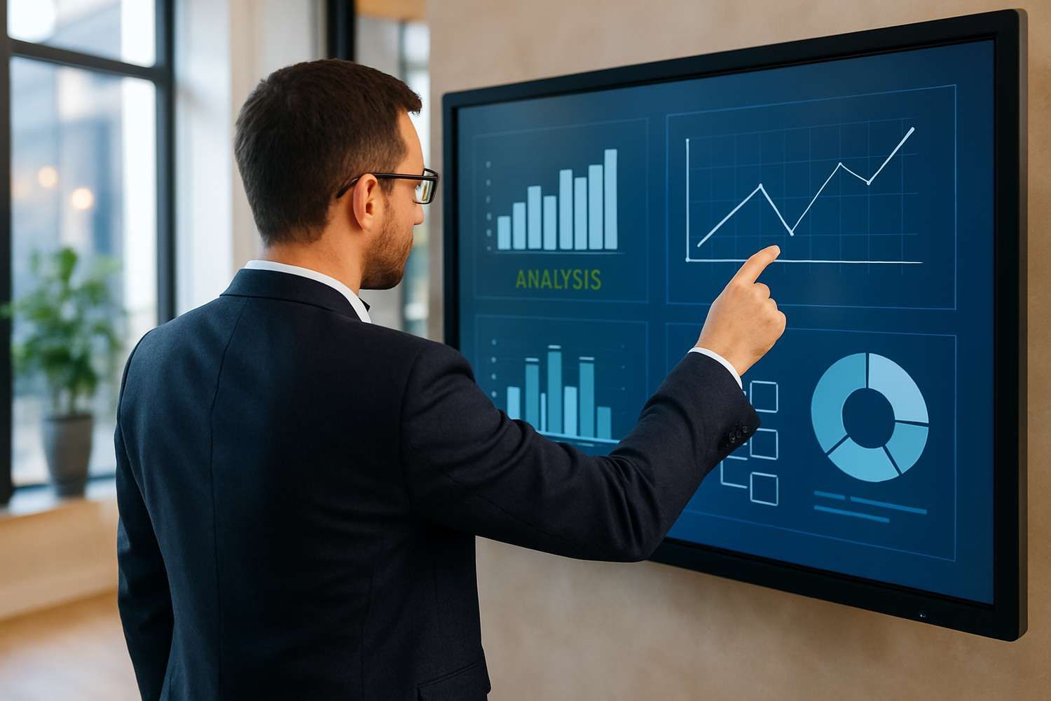 photo: utilisateur interagissant avec un écran tactile géant dans un espace de travail moderne