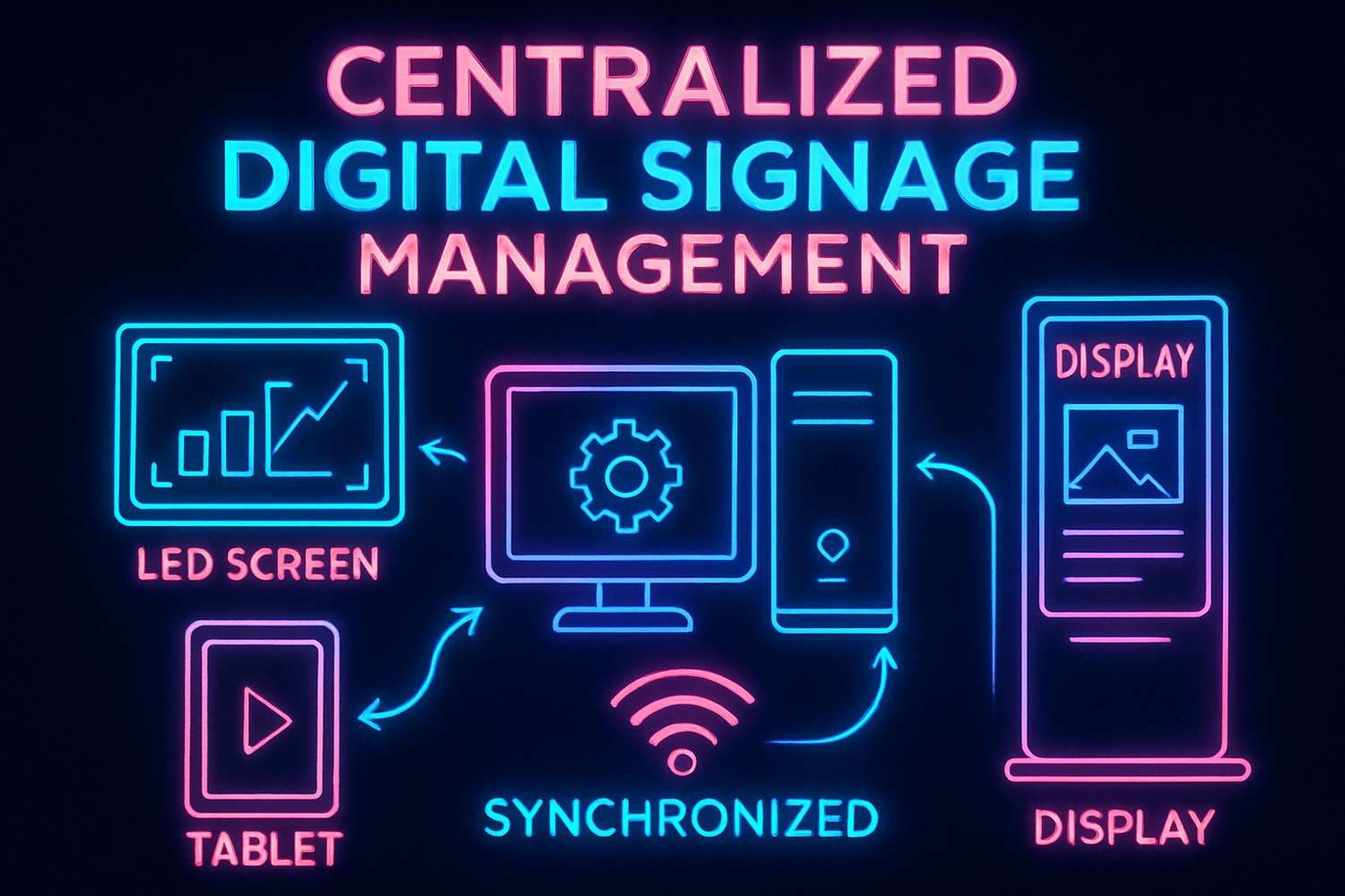 infographie néon cyberpunk: gestion centralisée d'un parc d'écrans, avec écrans LED, tablettes, et panneaux synchronisés