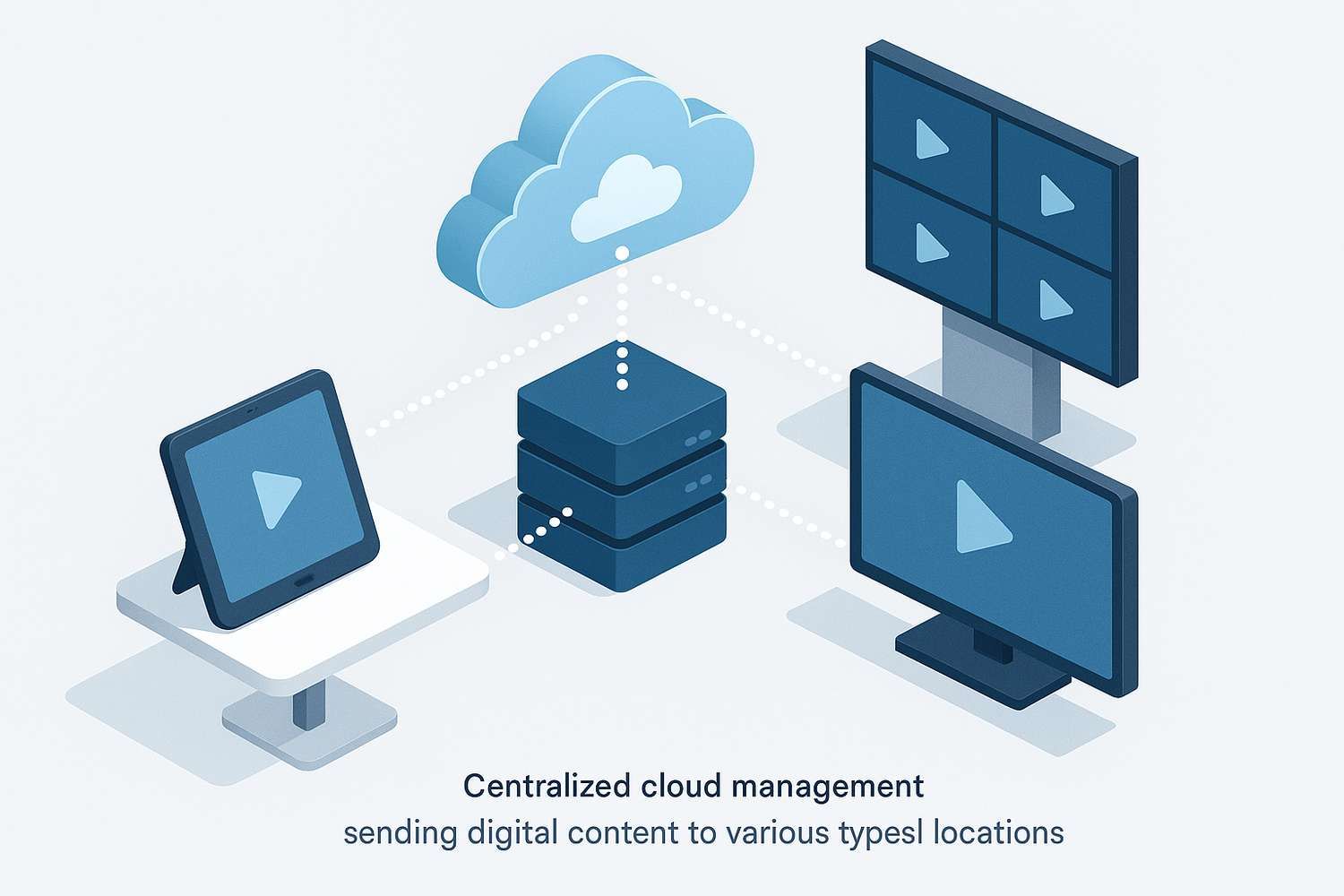 isometric 3D infographic showing centralized cloud management sending content to multiple types of screens in different locations