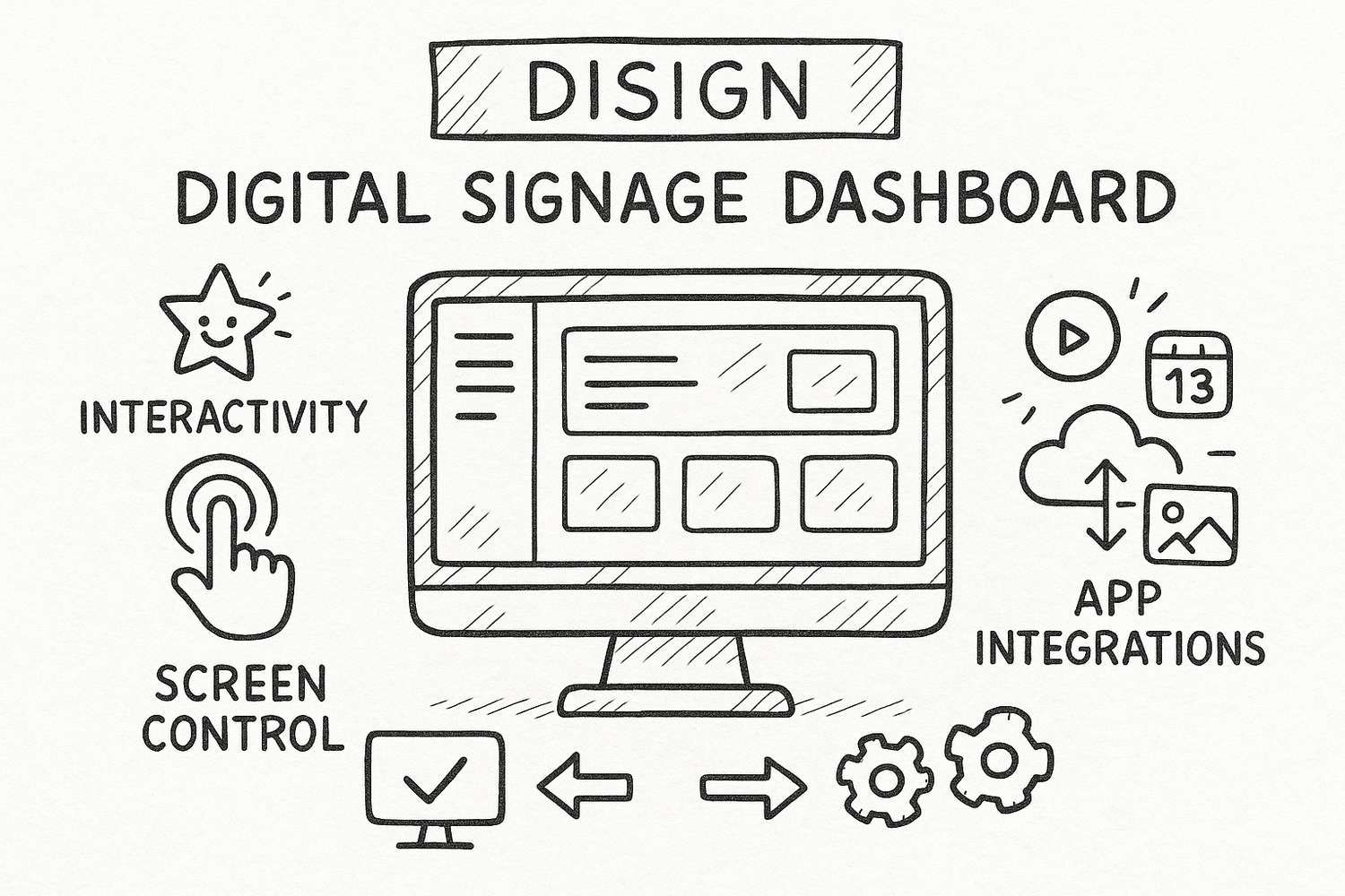 hand-drawn style infographic showing Disign dashboard, with icons for interactivity, screen controls, app integrations