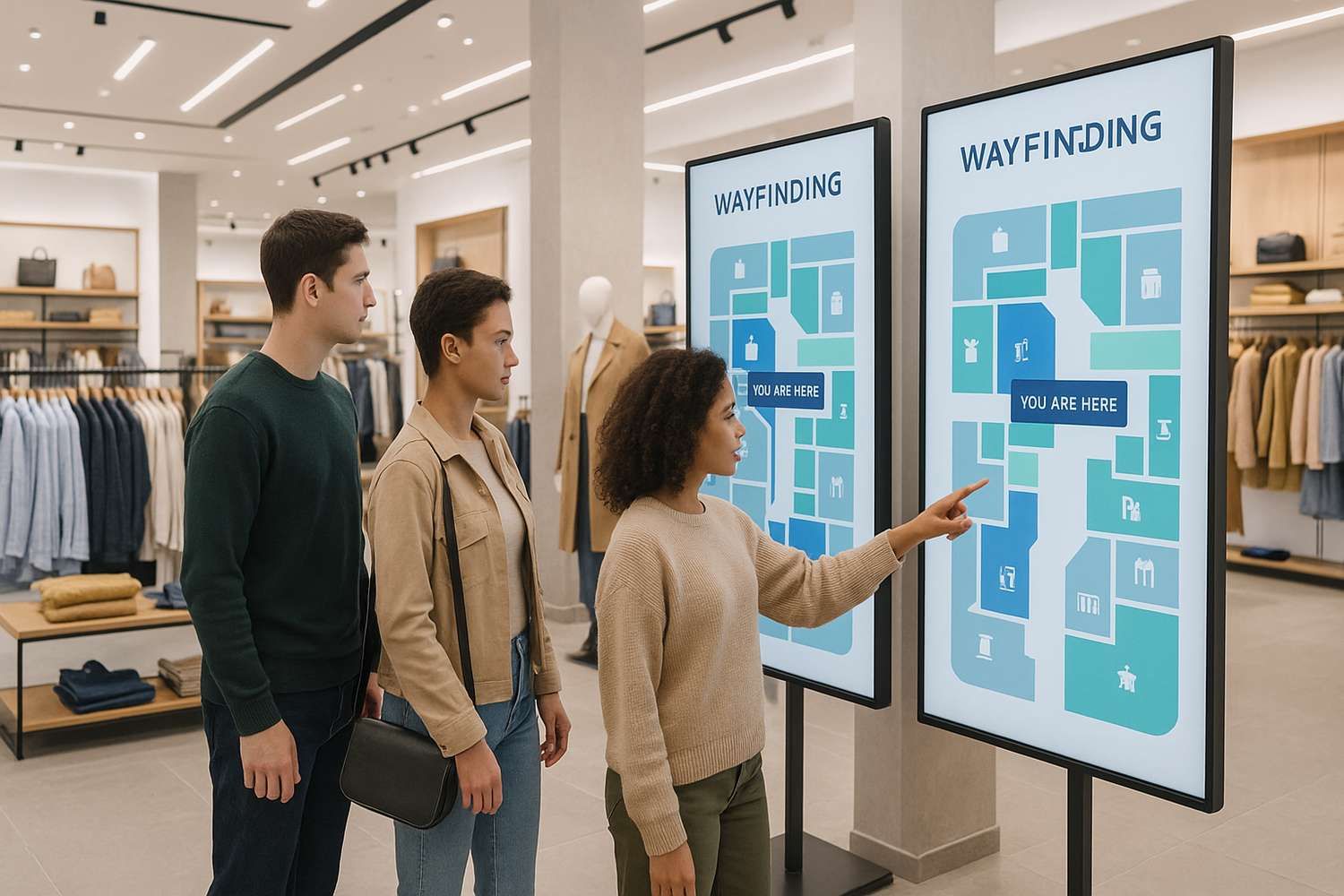 photo of a clothing store with digital wayfinding screens, shoppers looking at digital maps