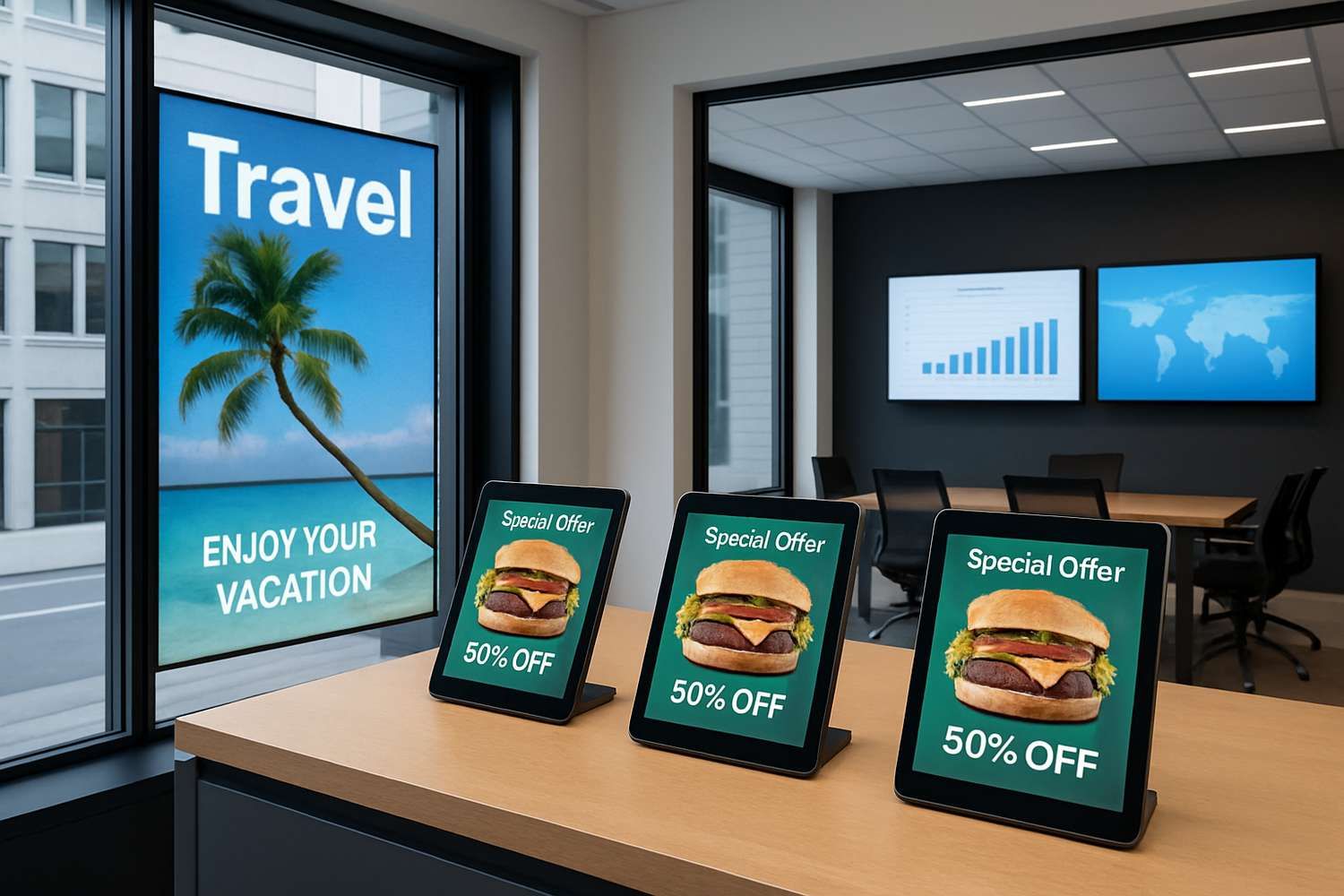 photo: configuration variée de dispositifs affichage dynamique, incluant LED géants en vitrine, tablettes sur comptoir, écrans muraux en salle de réunion