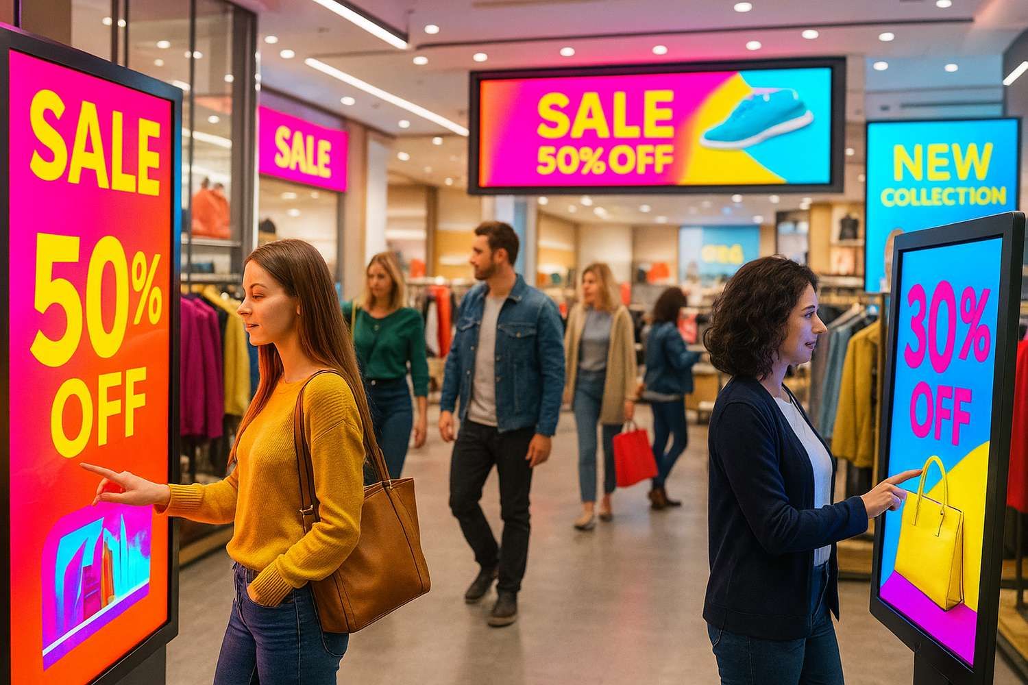 photo showing a retail store with vivid digital signage displays promoting sales, customers interacting with touch screens