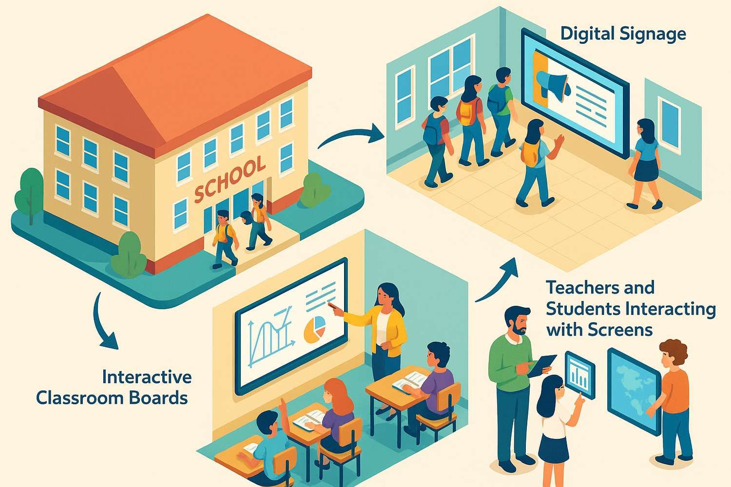 isometric 3D infographic showing a school with digital signage in hallways, interactive classroom boards