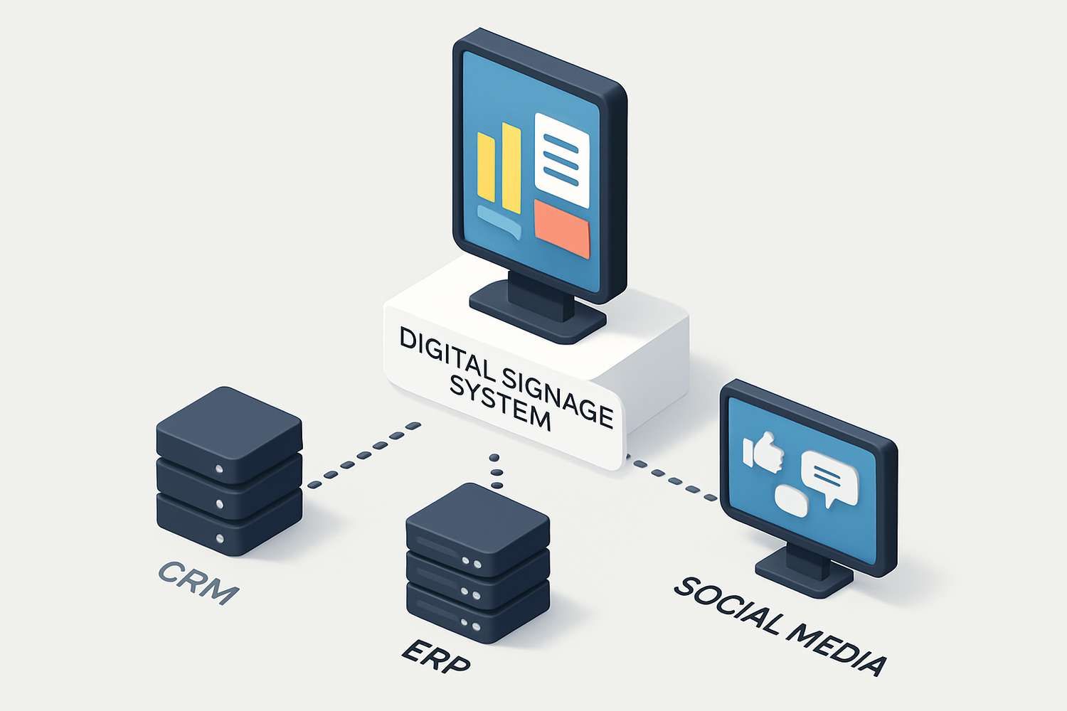 infographie isométrique 3D: écosystème et intégration des systèmes ERP, CRM, réseaux sociaux dans l'affichage dynamique