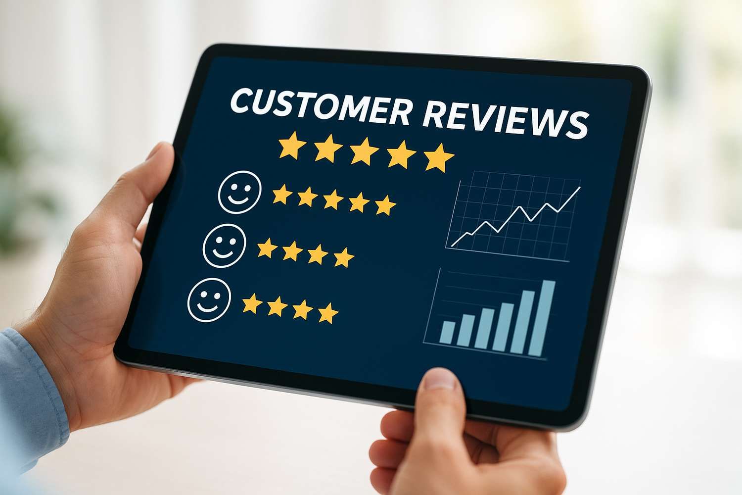 Main tenant une tablette avec avis client