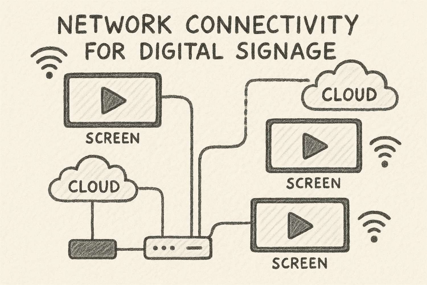 Diagramme de connectivité réseau style crayonné