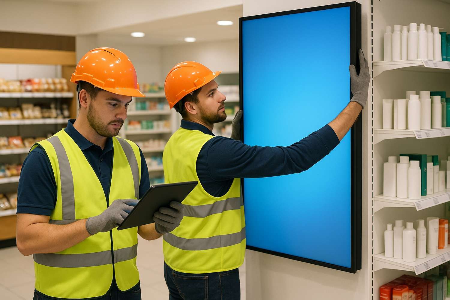 Techniciens installant un écran dans un magasin