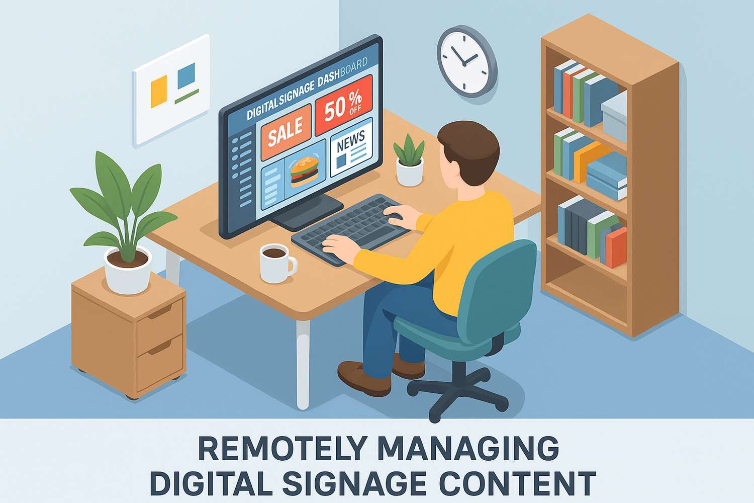 Person managing digital signage remotely