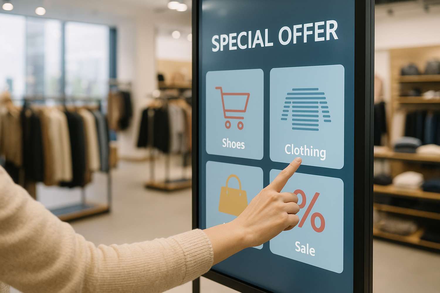Shoppers interacting with touchscreen signage