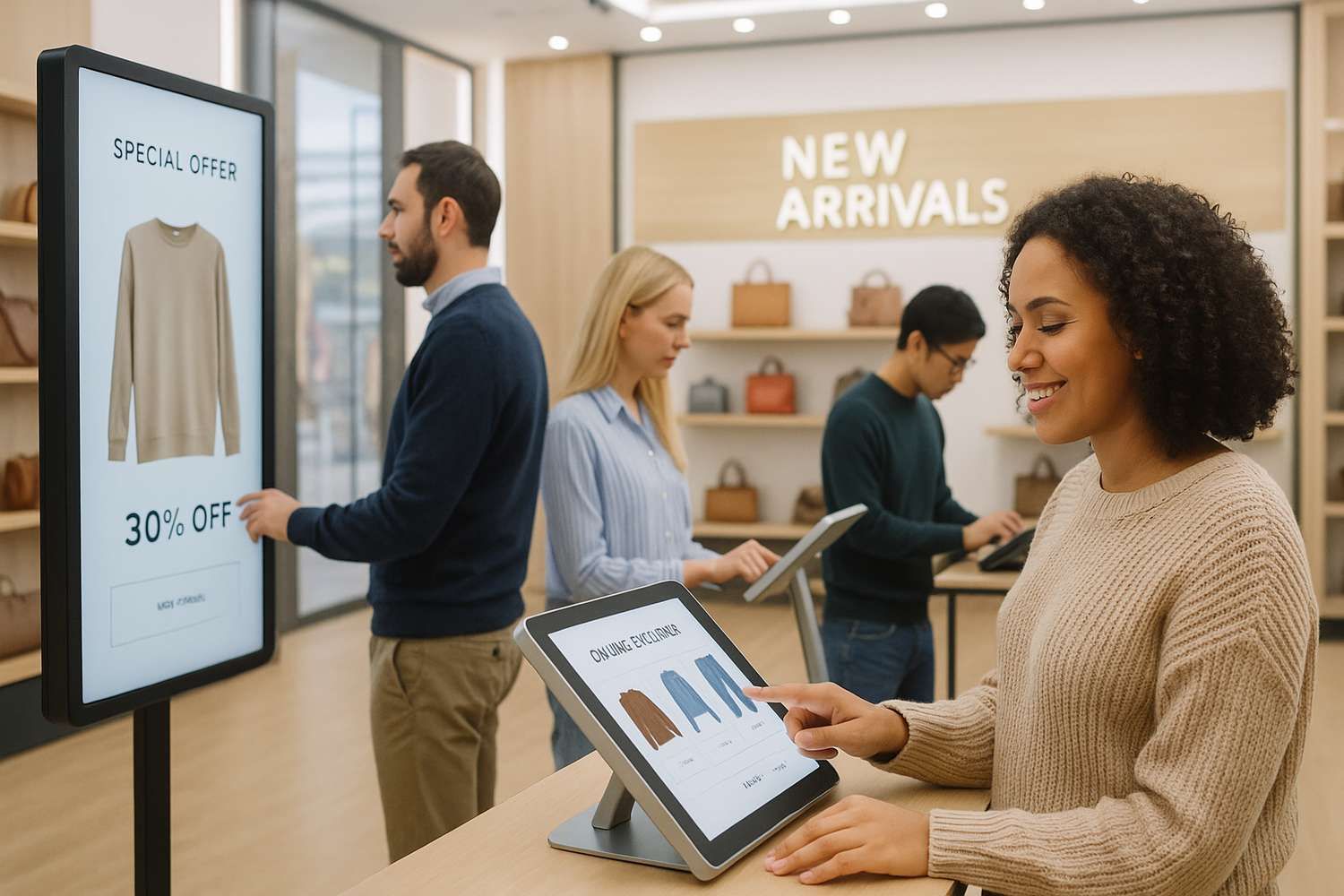 Shoppers using digital displays boutique store