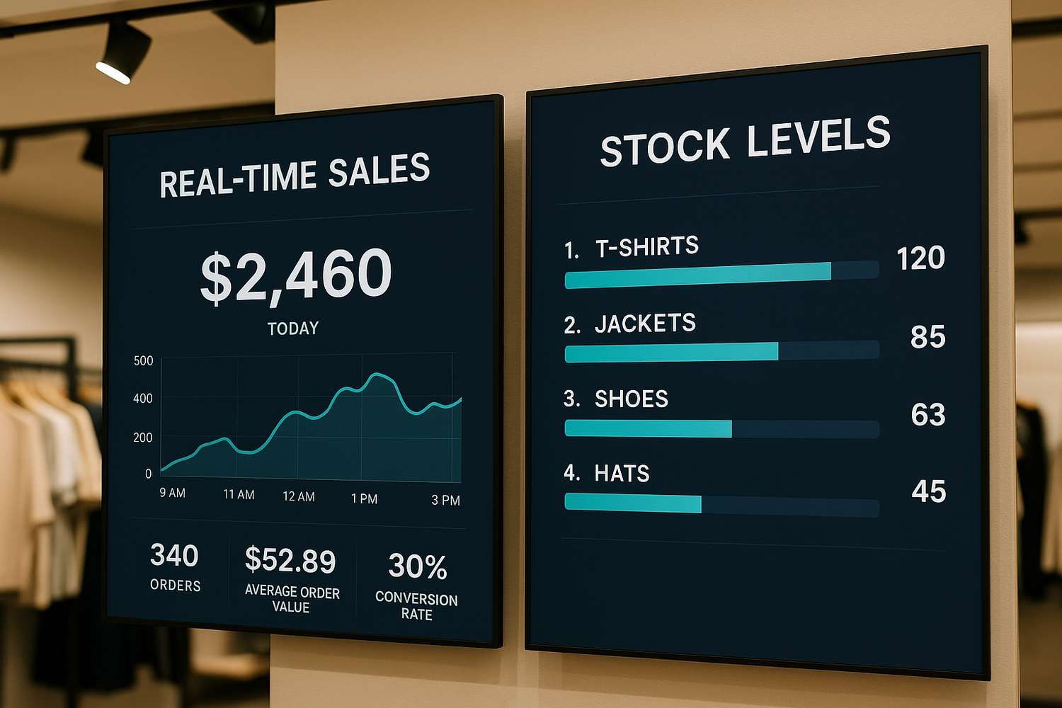 Dashboard showing sales and stock in store
