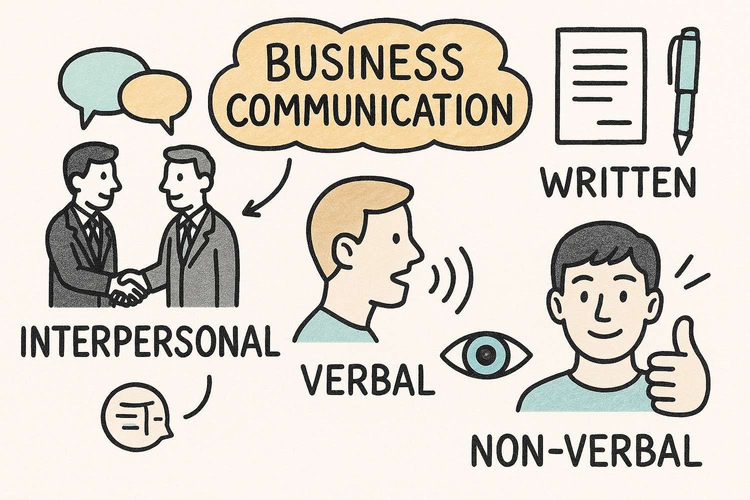 Elements of business communication, hand-drawn diagram